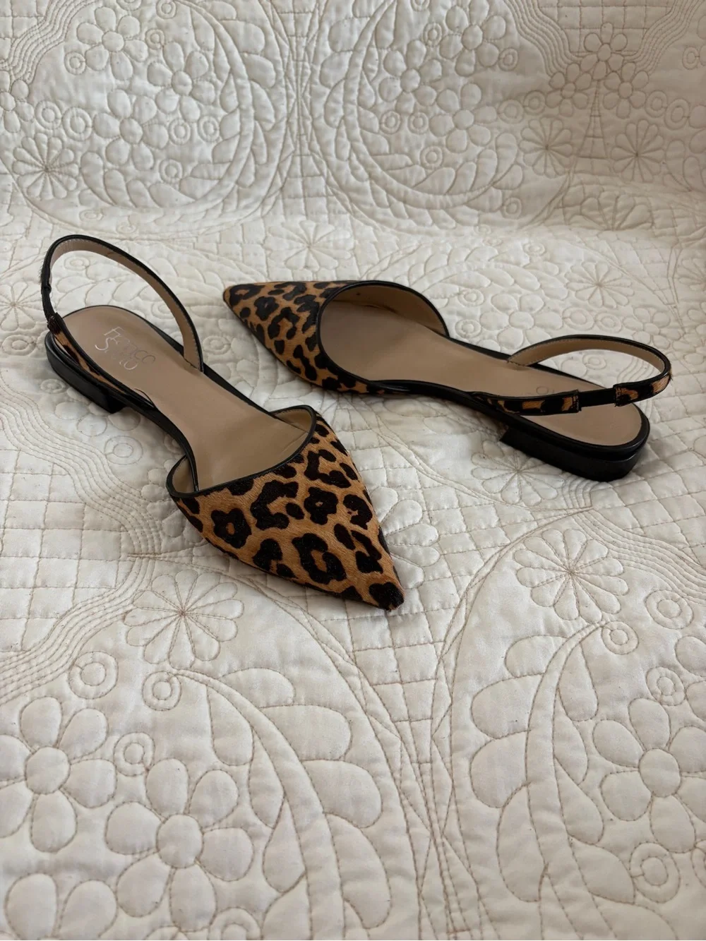 Leopard Print Pointed Slingback Flats - size 10